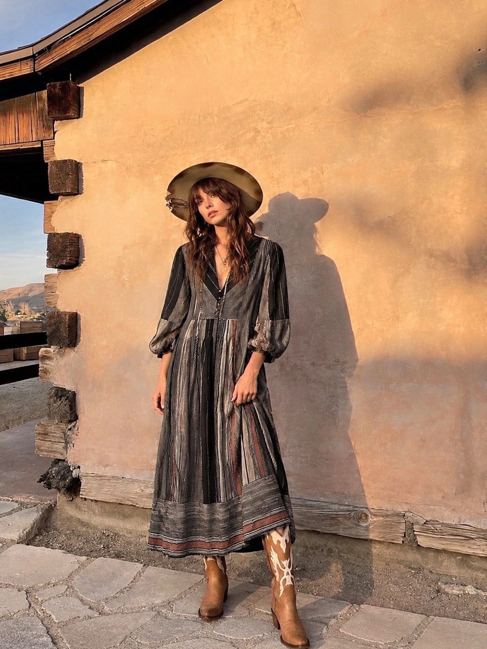 Universal Thread Boho Western Striped Prairie Puff Sleeve Festival Maxi Dress M